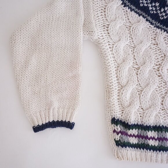VTG Jamie Scott Cream Navy Cable Knit Fair Isle Sweater Old Money Cabincore M - Picture 7 of 9